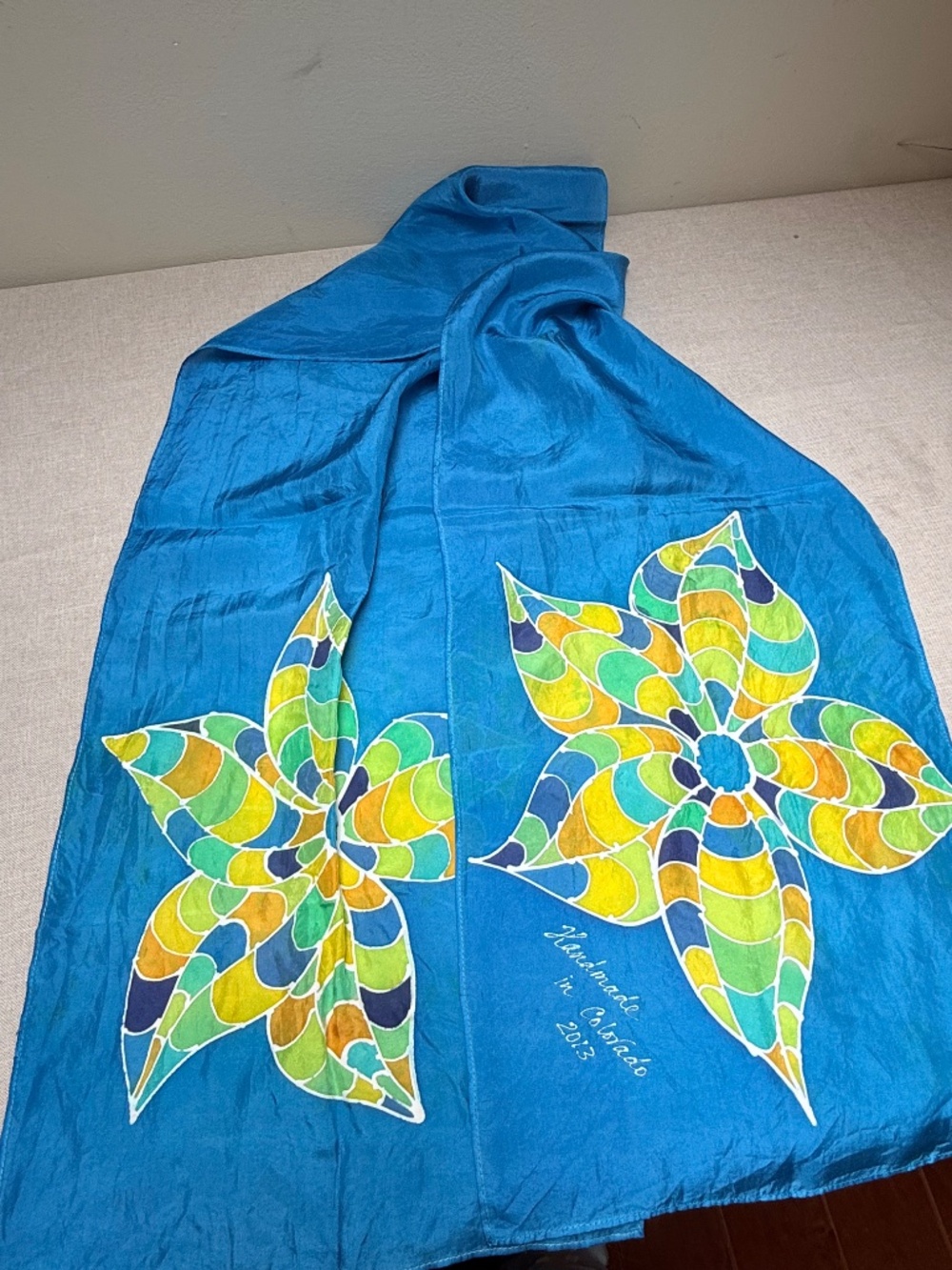 Handmade in Colorado 2013 Painted Blue Silk Scarf - Picture 2 of 8